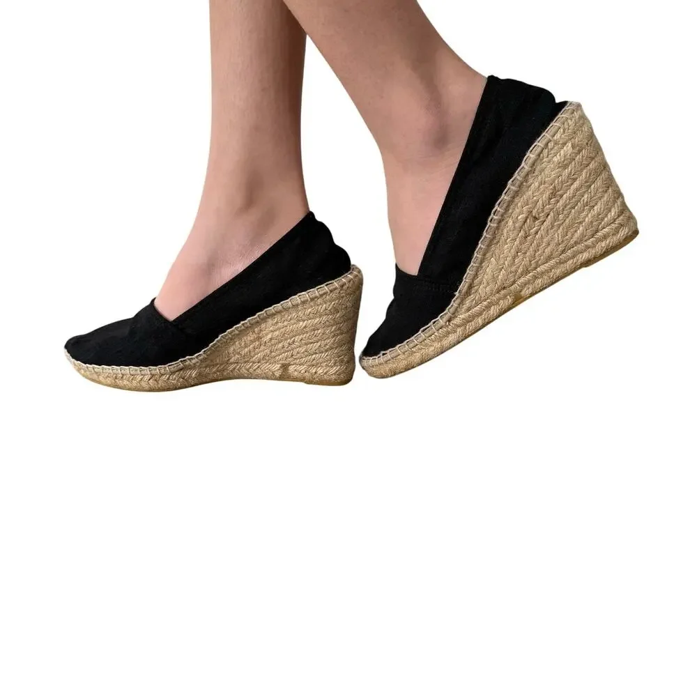 Neiman Marcus Women's Black Linen Wedge Espadrille Heel Pump Size 39